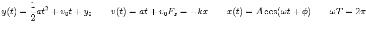 $\displaystyle y(t) = {1 \over 2} at^2 + v_0 t + y_0 \qquad
v(t) = at + v_0
F_s = -kx \qquad
x(t) = A\cos (\omega t + \phi) \qquad
\omega T = 2 \pi \qquad
$