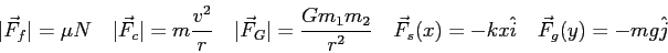 \begin{displaymath}
\vert\vec F_f\vert = \mu N \quad
\vert\vec F_c\vert = m {v^2...
...} \quad
\vec F_s(x) = -kx\hat i \quad
\vec F_g(y) = -mg\hat j
\end{displaymath}