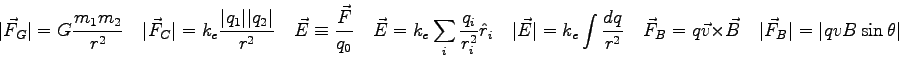 \begin{displaymath}
\vert\vec F_G\vert = G {m_1 m_2 \over r^2} \quad
\vert\vec F...
...uad
\vert \vec F_B \vert = \vert q v B \sin \theta \vert \quad
\end{displaymath}