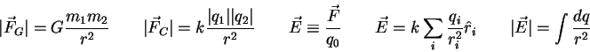 \begin{displaymath}
\vert\vec F_G\vert = G \frac{m_1 m_2}{r^2} \qquad
\vert\vec ...
... r_i^2} \hat r_i \qquad
\vert\vec E\vert = \int {dq \over r^2}
\end{displaymath}