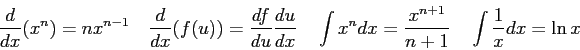 \begin{displaymath}
{d \over dx}(x^n) = nx^{n-1} \quad
{d \over dx}(f(u)) = {df\...
...x^n dx = {x^{n+1} \over n+1} \quad
\int \frac{1}{x} dx = \ln x
\end{displaymath}