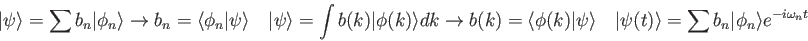 \begin{displaymath}
\vert\psi\rangle = \sum b_n \vert\phi_n\rangle \rightarrow
...
...psi (t) \rangle = \sum b_n \vert\phi_n\rangle e^{-i\omega_n t}
\end{displaymath}