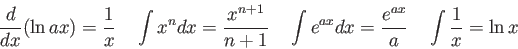 \begin{displaymath}
\frac{d}{dx}(\ln ax) = \frac{1}{x} \quad
\int x^n dx = \frac...
...ax} dx = \frac{e^{ax}}{a} \quad
\int \frac{1}{x} = \ln x \quad
\end{displaymath}