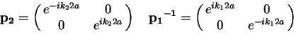 \begin{displaymath}
{\bf p_{2}} =
\pmatrix{ e^{-ik_2 2a} & 0 \cr
0 & e^{ ik_2 ...
...f -1} =
\pmatrix{ e^{ ik_1 2a} & 0 \cr
0 & e^{-ik_1 2a} \cr}
\end{displaymath}