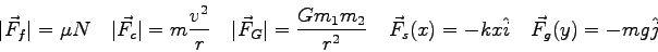 \begin{displaymath}
\vert\vec F_f\vert = \mu N \quad
\vert\vec F_c\vert = m {v^2...
...} \quad
\vec F_s(x) = -kx\hat i \quad
\vec F_g(y) = -mg\hat j
\end{displaymath}