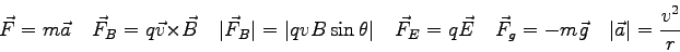 \begin{displaymath}
\vec F = m \vec a \quad
\vec F_B = q \vec v \times \vec B \q...
...ad
\vec F_g = -m \vec g \quad
\vert\vec a\vert = {v^2 \over r}
\end{displaymath}