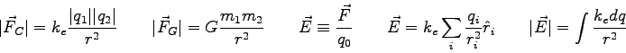 \begin{displaymath}
\vert\vec F_C\vert = k_e {\vert q_1\vert \vert q_2\vert \ove...
...^2} \hat r_i \qquad
\vert\vec E\vert = \int {k_e dq \over r^2}
\end{displaymath}