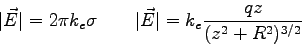 \begin{displaymath}
\vert\vec E\vert = 2 \pi k_e \sigma \qquad
\vert\vec E\vert = k_e {qz \over (z^2 + R^2)^{3/2}}
\end{displaymath}