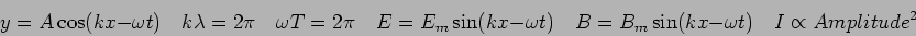 \begin{displaymath}
y = A \cos (kx - \omega t) \quad
k\lambda = 2 \pi \quad
\om...
...ad
B = B_m \sin (kx - \omega t) \quad
I \propto {Amplitude}^2
\end{displaymath}