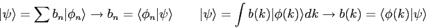 \begin{displaymath}
\vert\psi\rangle = \sum b_n \vert\phi_n\rangle \rightarrow
...
...angle dk \rightarrow
b(k) = \langle\phi(k) \vert \psi \rangle
\end{displaymath}