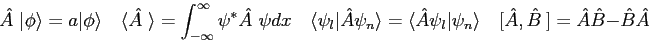 \begin{displaymath}
\hat{A~}\vert\phi\rangle = a\vert\phi\rangle \quad
\langle\h...
...gle \quad
[ \hat A, \hat B ~ ] = \hat A \hat B - \hat B \hat A
\end{displaymath}