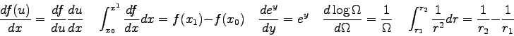 \begin{displaymath}
{d f(u) \over dx} = {df\over du}{du \over dx} \quad
\int_{x_...
...t_{r_1}^{r_2} \frac{1}{r^2} dr = \frac{1}{r_2} - \frac{1}{r_1}
\end{displaymath}