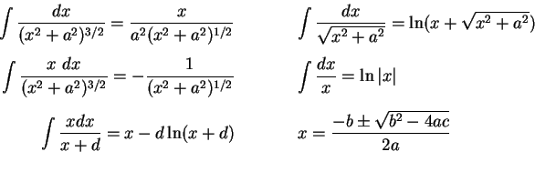 \begin{eqnarray*}
\int { dx \over (x^2 + a^2 )^{3/2}} = {x \over a^2(x^2 + a^2)^...
...x+d) \qquad &
& x = \frac{-b \pm \sqrt{b^2 - 4ac}}{2a} \ [5pt]
\end{eqnarray*}