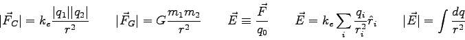 \begin{displaymath}
\vert\vec F_C\vert = k_e {\vert q_1\vert \vert q_2\vert \ove...
... r_i^2} \hat r_i \qquad
\vert\vec E\vert = \int {dq \over r^2}
\end{displaymath}
