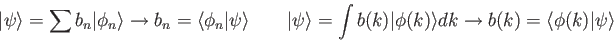 \begin{displaymath}
\vert\psi\rangle = \sum b_n \vert\phi_n\rangle \rightarrow
...
...angle dk \rightarrow
b(k) = \langle\phi(k) \vert \psi \rangle
\end{displaymath}