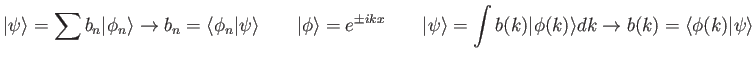 $\displaystyle \vert\psi\rangle = \sum b_n \vert\phi_n\rangle \rightarrow
b_n ...
...) \vert\phi(k)\rangle dk \rightarrow
b(k) = \langle\phi(k) \vert \psi \rangle
$