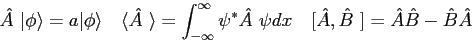 \begin{displaymath}
\hat{A~}\vert\phi\rangle = a\vert\phi\rangle \quad
\langle\h...
... dx \quad
[ \hat A, \hat B ~ ] = \hat A \hat B - \hat B \hat A
\end{displaymath}