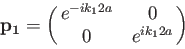\begin{displaymath}
{\bf p_1} =
\pmatrix{ e^{ -i k_1 2 a} & 0 \cr
0 & e^{ i k_1 2 a} \cr } \qquad
\end{displaymath}