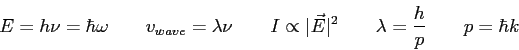 \begin{displaymath}
E = h\nu = \hbar \omega \qquad
v_{wave} = \lambda \nu \qquad...
...\vert^2 \qquad
\lambda = {h \over p} \qquad
p = \hbar k \qquad
\end{displaymath}